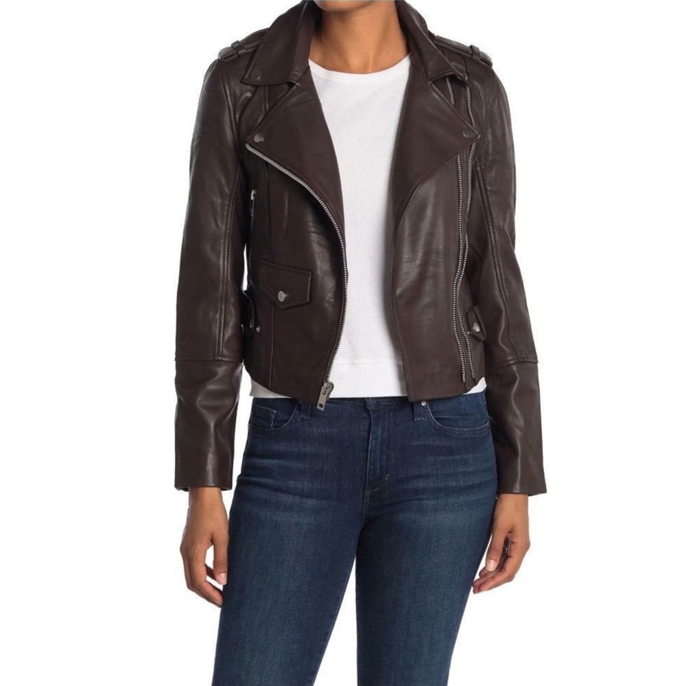 ✨NWT✨ WALTER BAKER Jules Lamb Leather Moto Jacket Coat in Chocolate Sz Small
